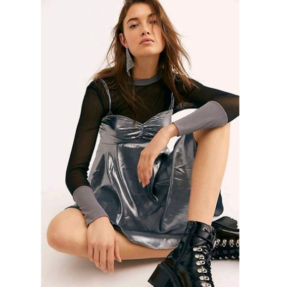 Free People Dresses & Skirts - Free People Metallic Silver Mini Dress Sz S – Just Dance Babydoll Slip Y2K Vibes